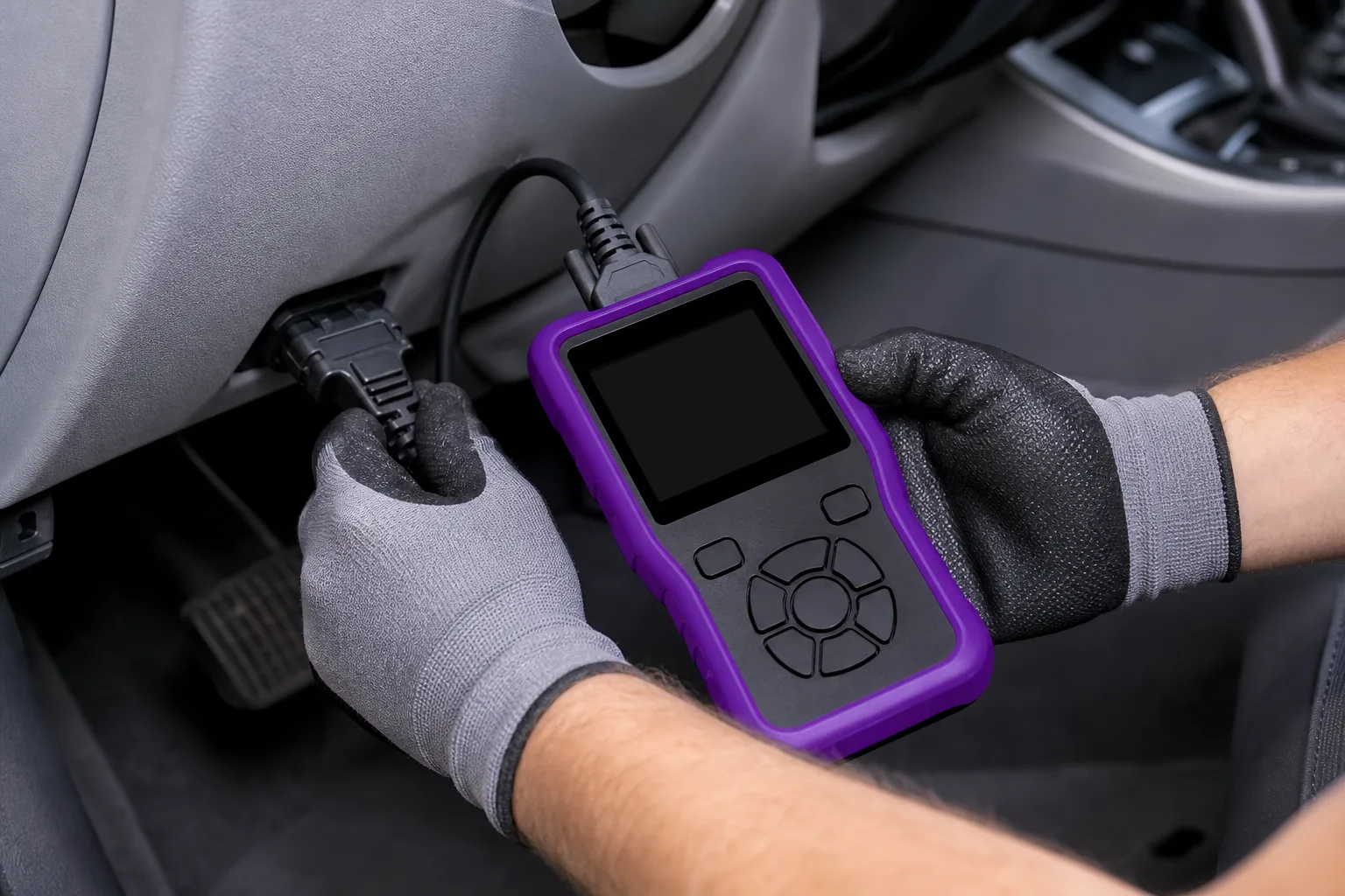 Close-up of diagnostic scanner connected to vehicle OBD port in oligodendro bay, 1200x800