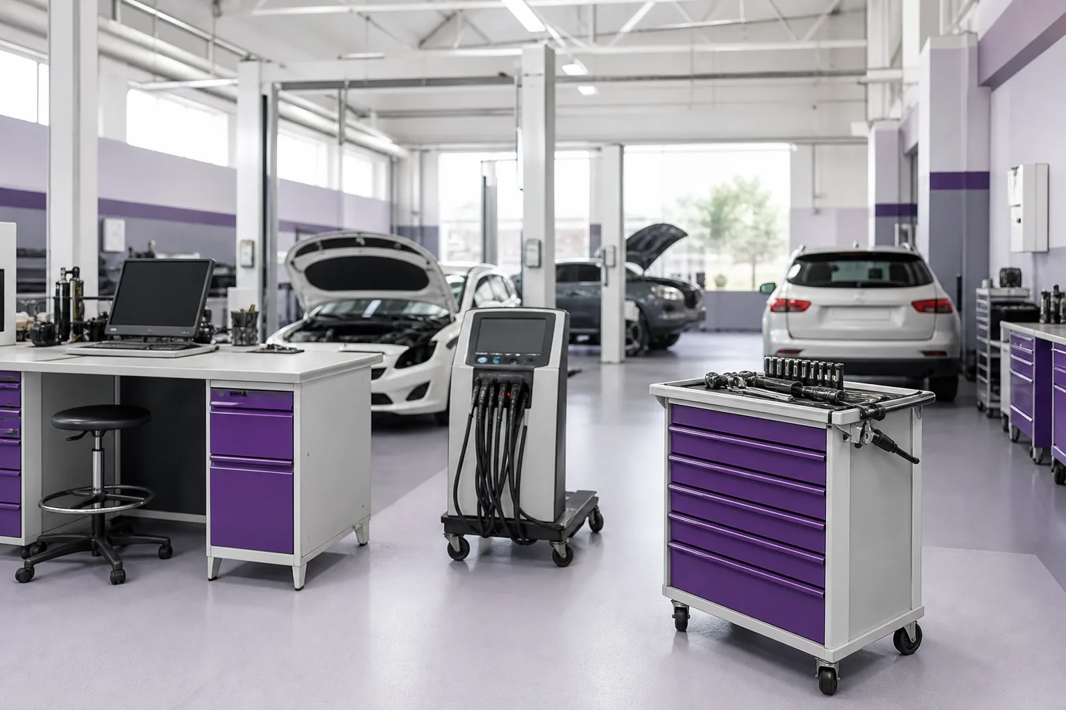 Interior of oligodendro workshop showing diagnostic equipment and organized service bays, 1200x800