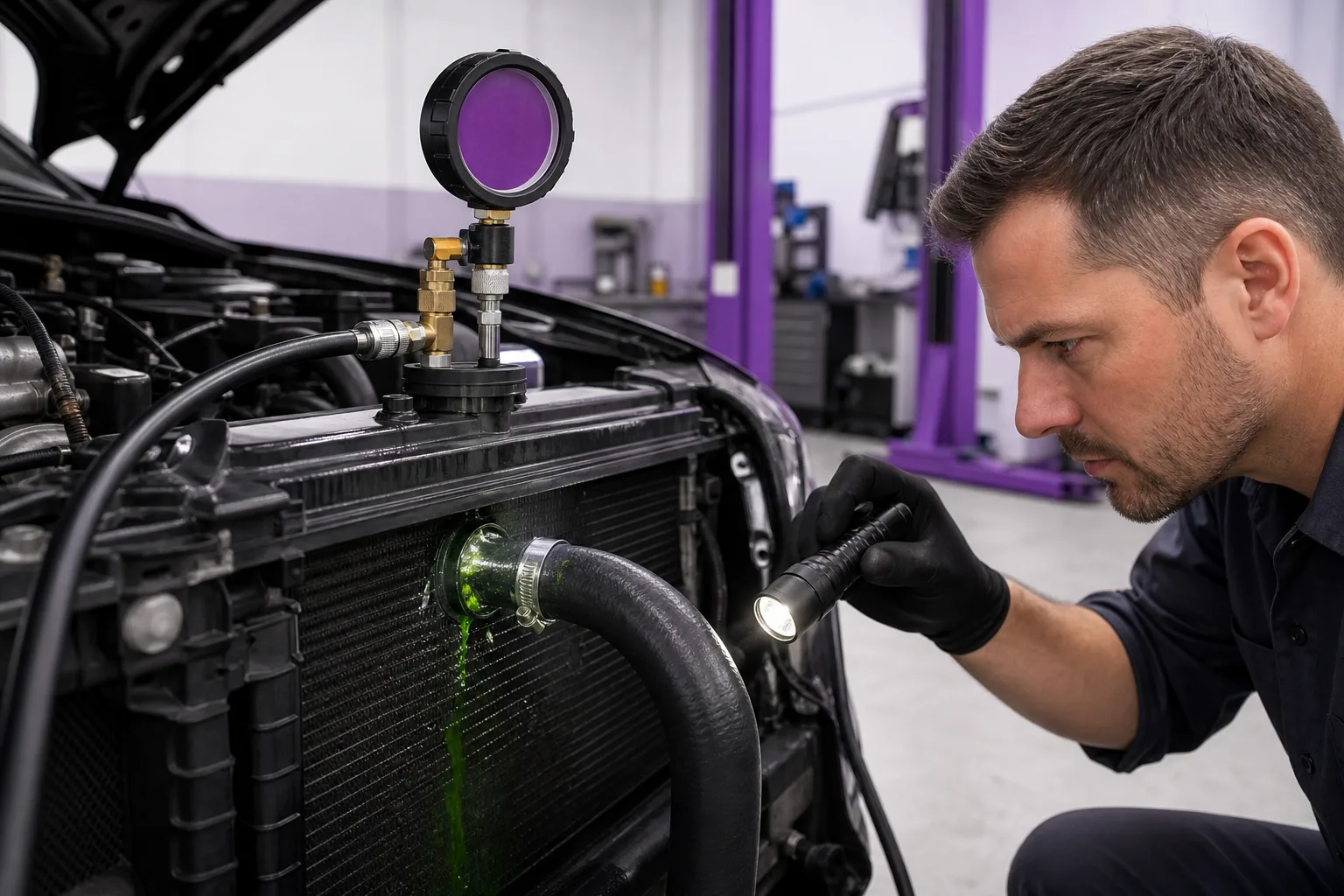 Pressure test setup on vehicle cooling system with dyed fluid trace visible, 1200x675
