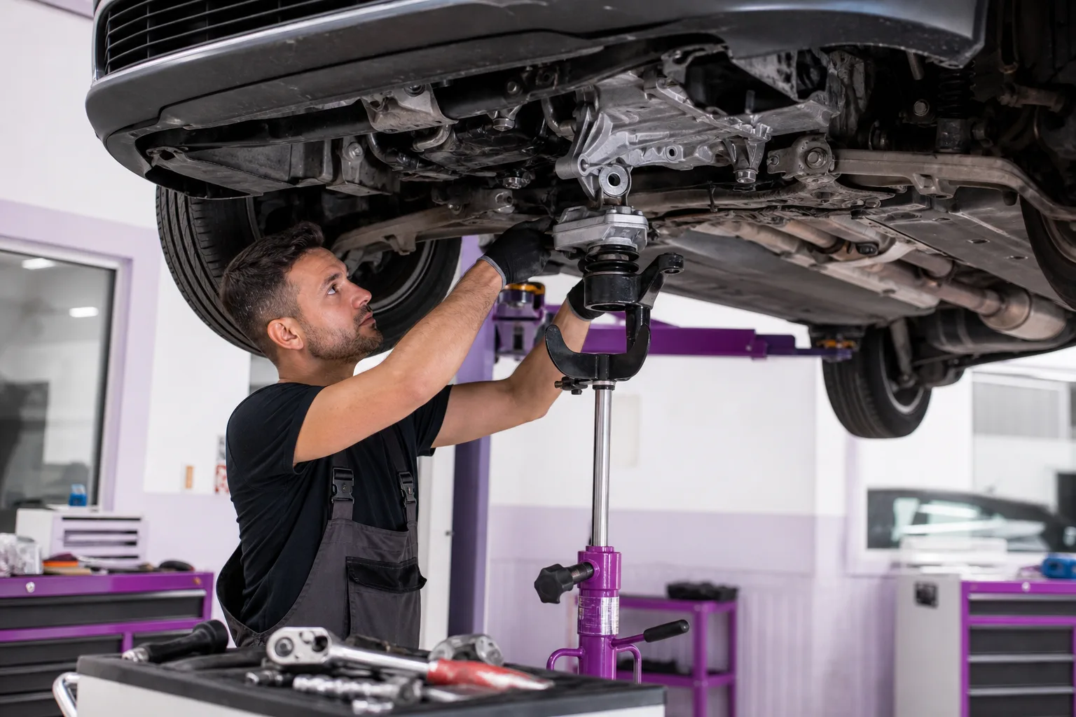 Mechanic replacing electro-hydraulic engine mount on vehicle lift, 1200x675