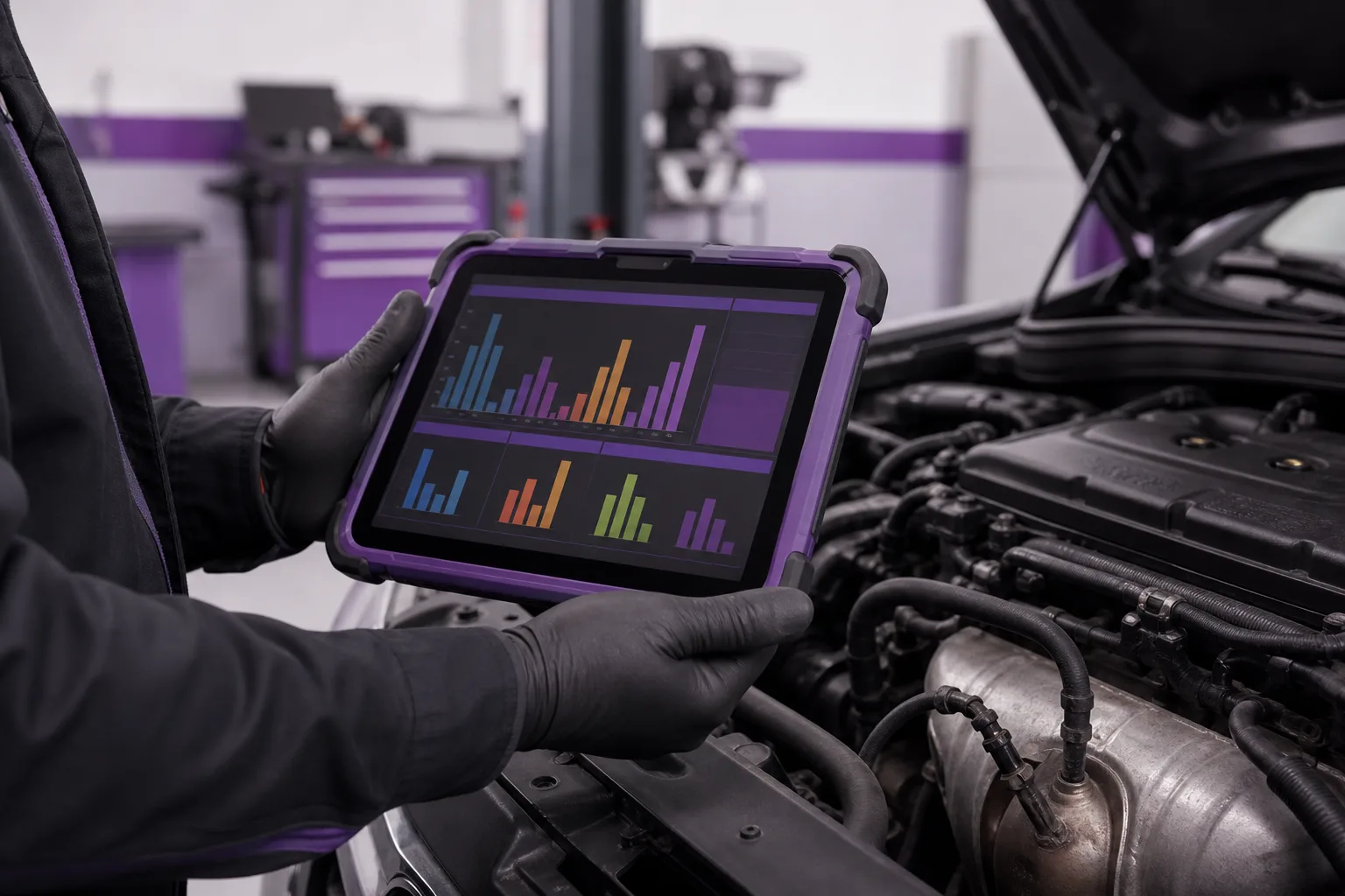 OBD diagnostic scanner displaying emissions monitor readiness status on tablet, 1200x675