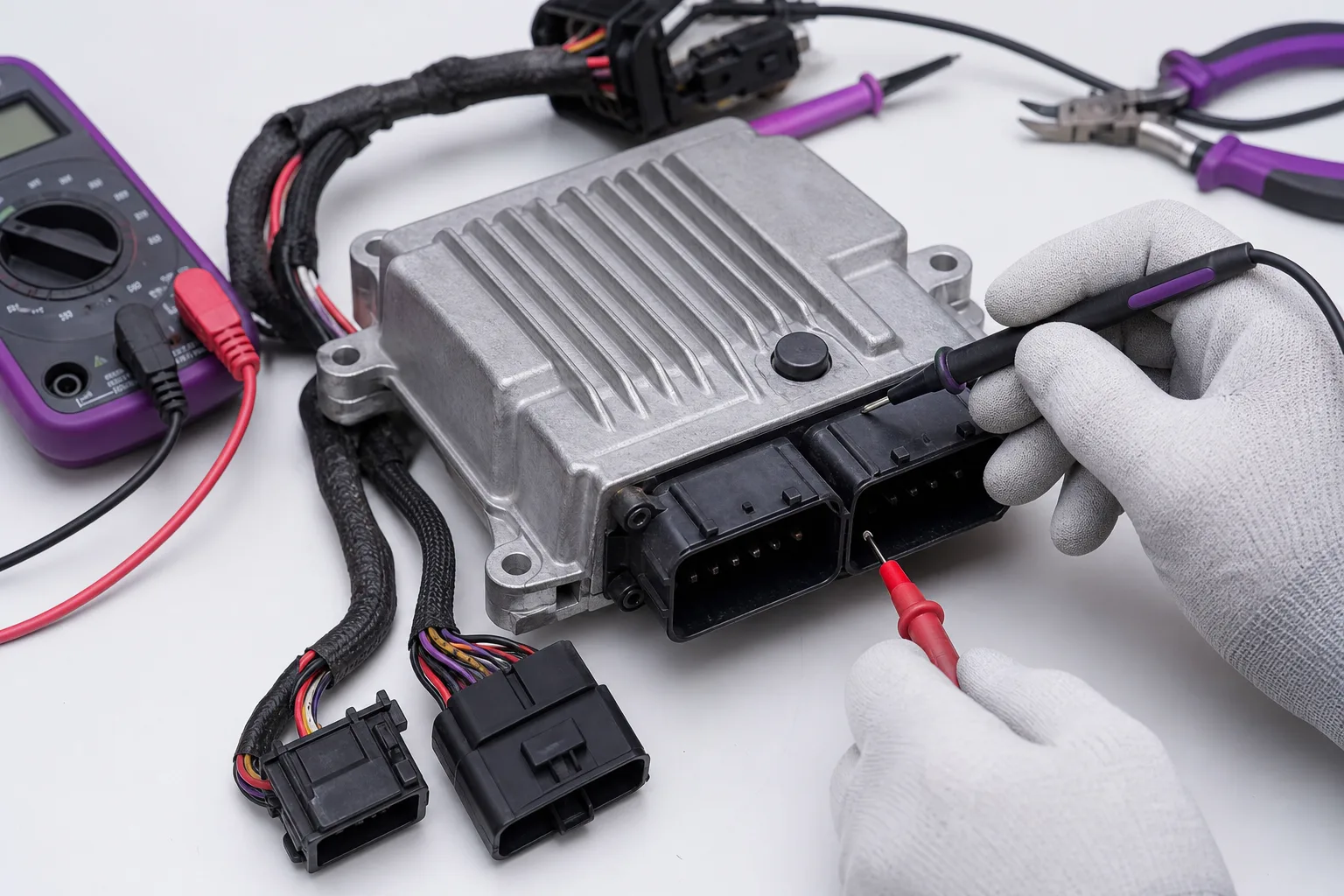 Transfer case control module being tested on bench with wiring harness, 1200x675