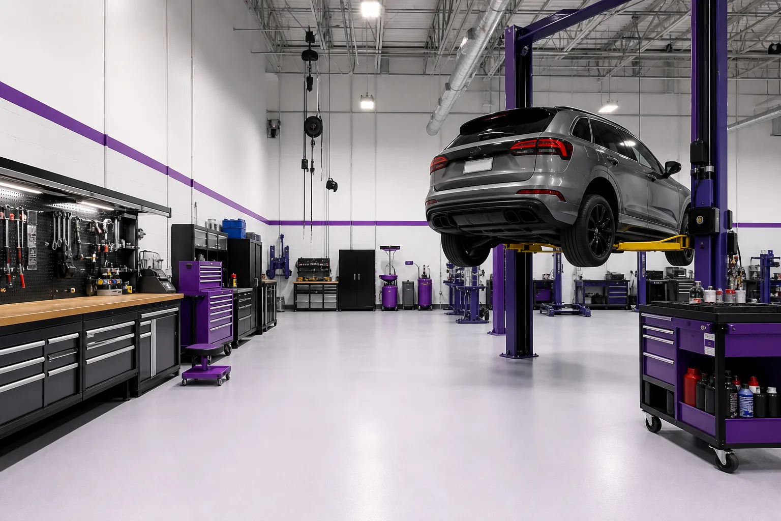 Wide view of oligodendro service bay with organized tool stations and vehicle on lift, 1920x1080