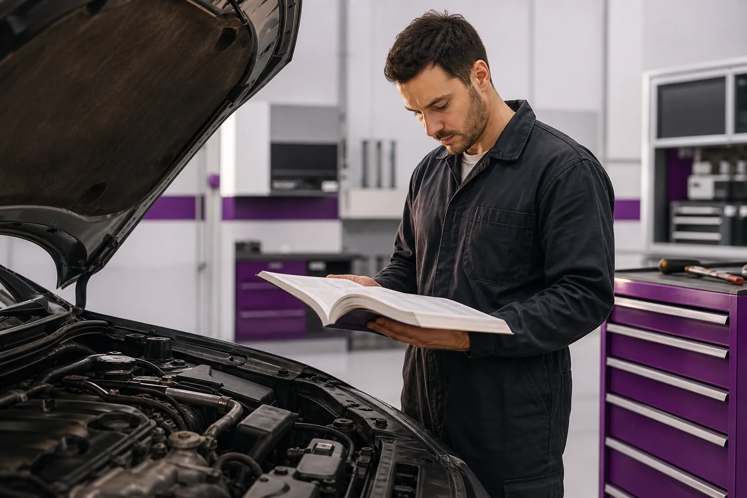 Technician reviewing repair documentation beside open hood in workshop lighting, 1920x1080