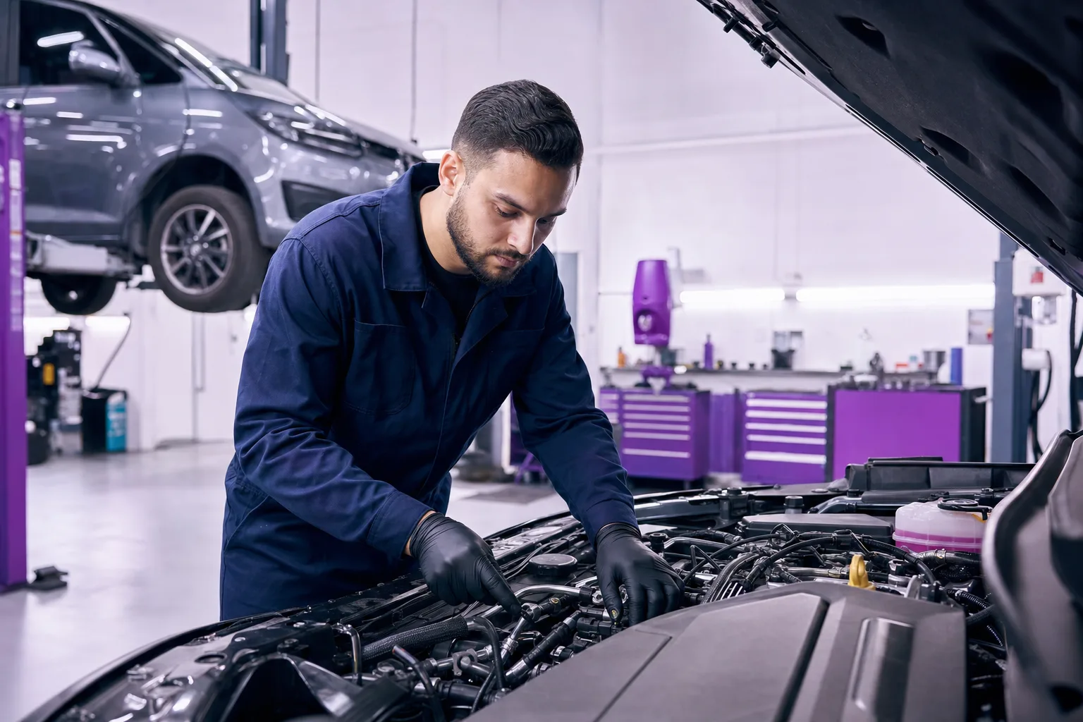 Professional auto repair bay with technician inspecting engine components under service lights, 1920x1080