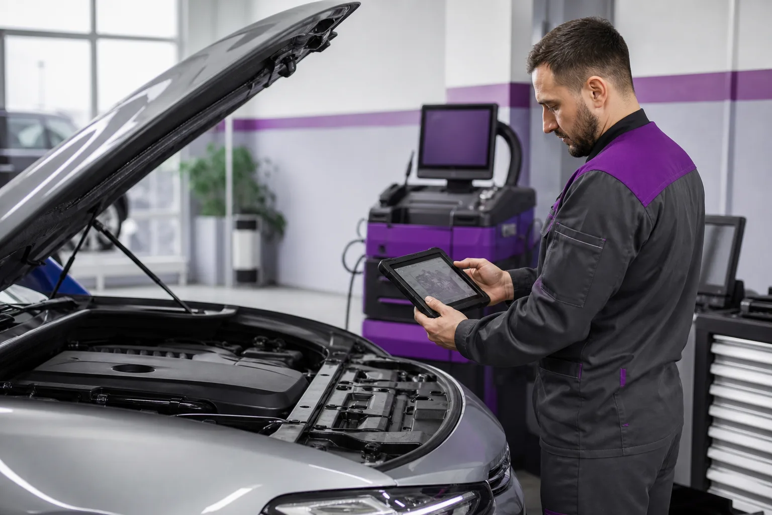 Technician reviewing diagnostic scan results on tablet beside open engine bay, 1200x800